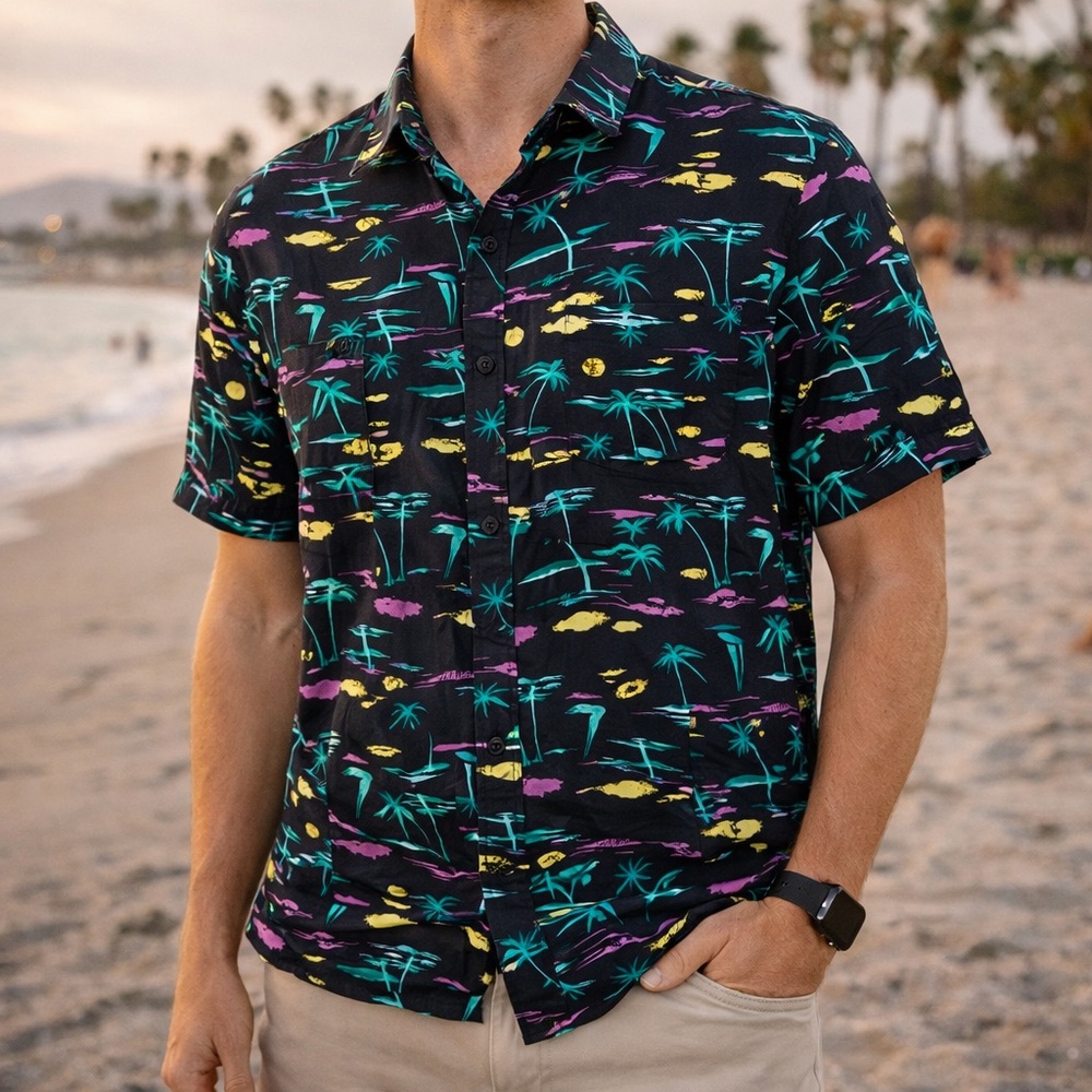 Unionbay Tropical Print Short Sleeve Button Shirt Black Rayon Men's Medium‎